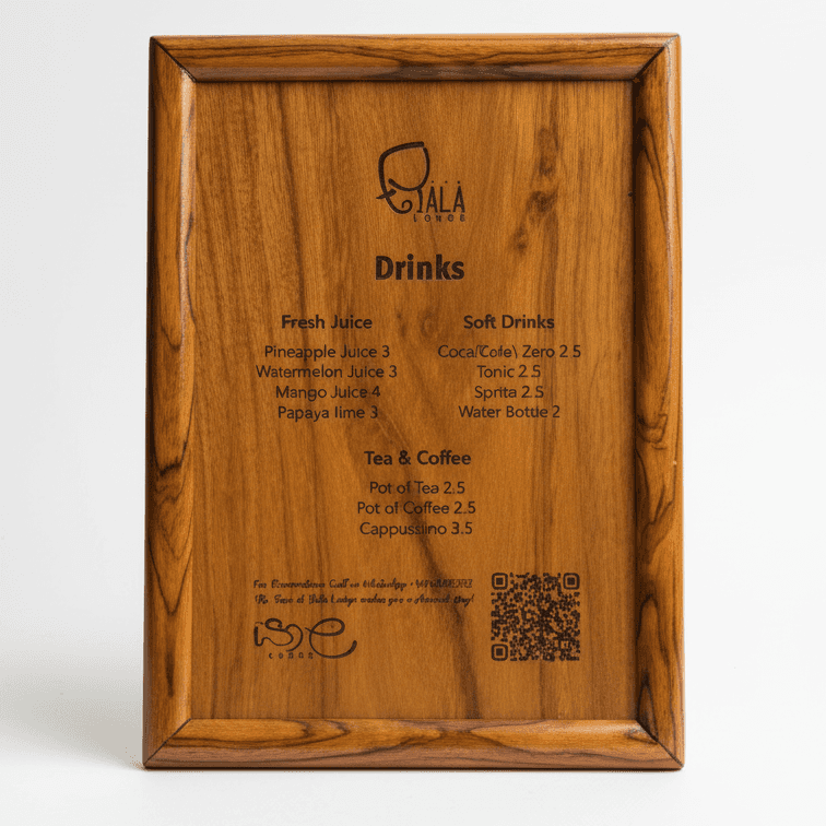 Wooden menu with engraved text and QR code on a white background