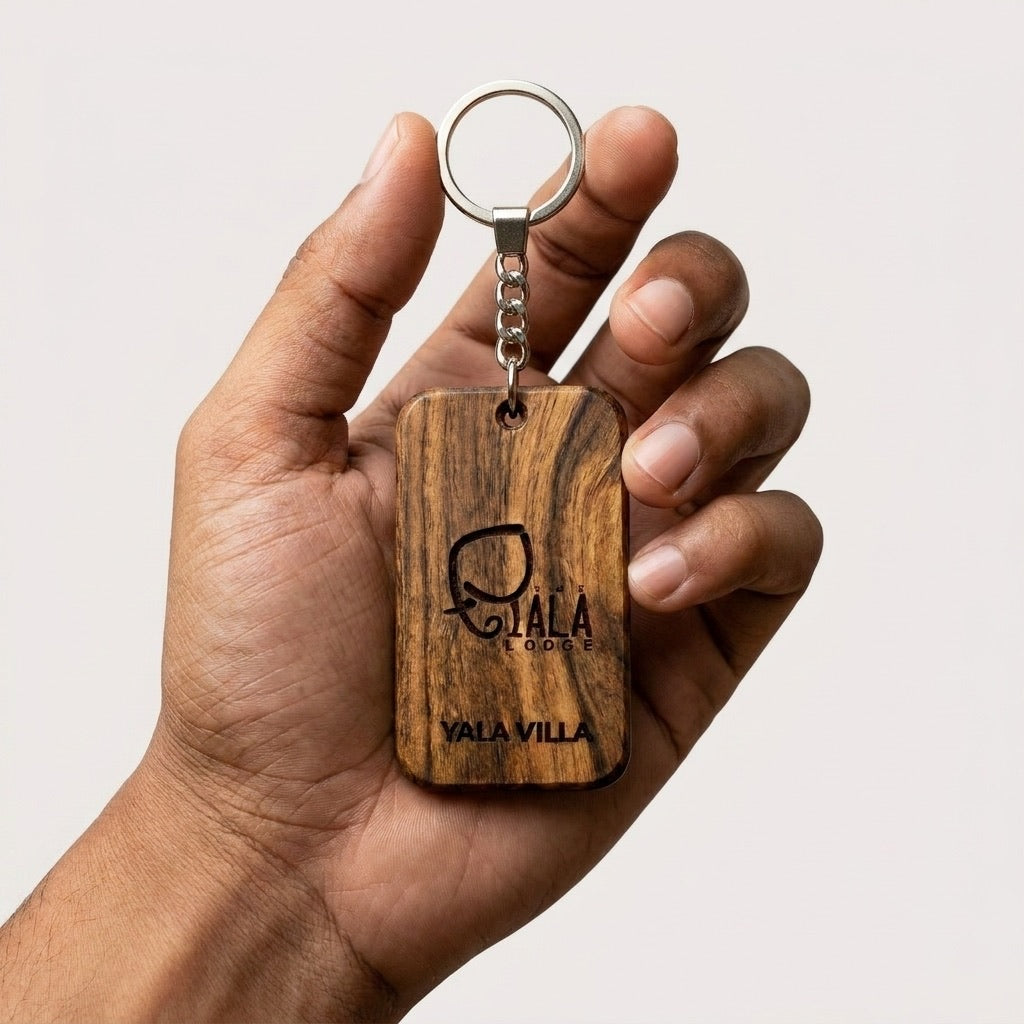 Handmade rectangular wooden key tag in natural teak wood with custom engraving options
