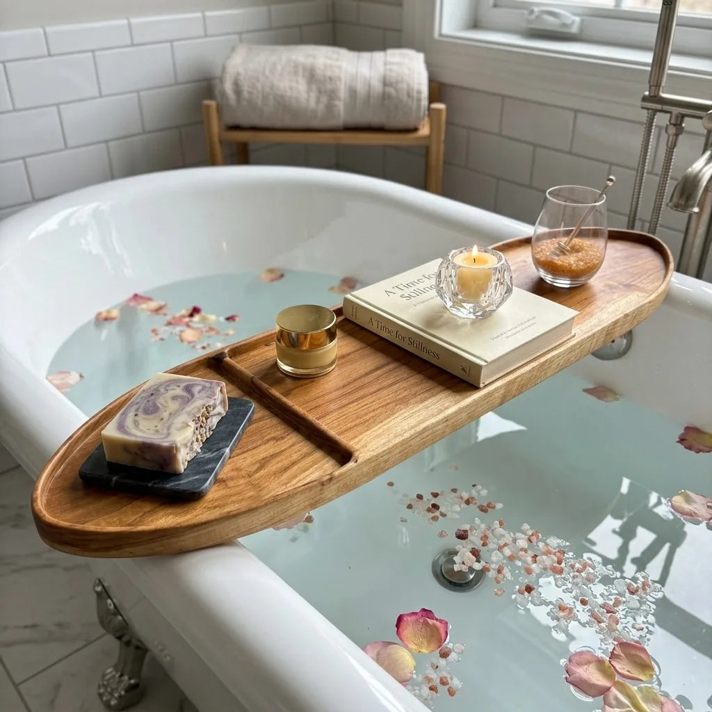 Teak bathtub tray with a natural finish for relaxing spa experiences