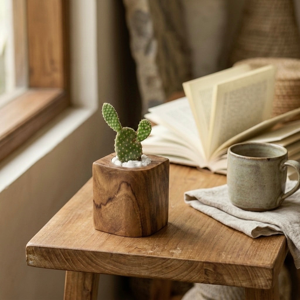 Teak Cactus Holder in natural finish showcasing a small cactus plant on a wooden table