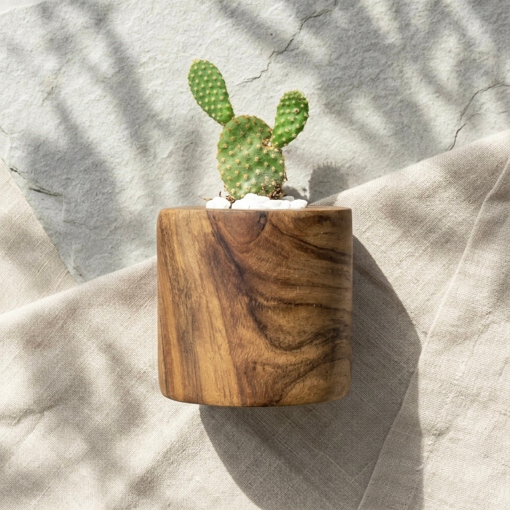 Teak cactus holder in natural finish with a small cactus