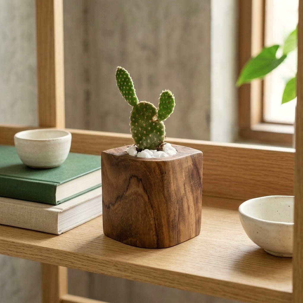 Teak wood cactus holder with a small cactus plant
