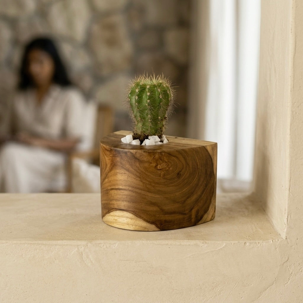 Cactus Pot made from teak wood with a natural finish