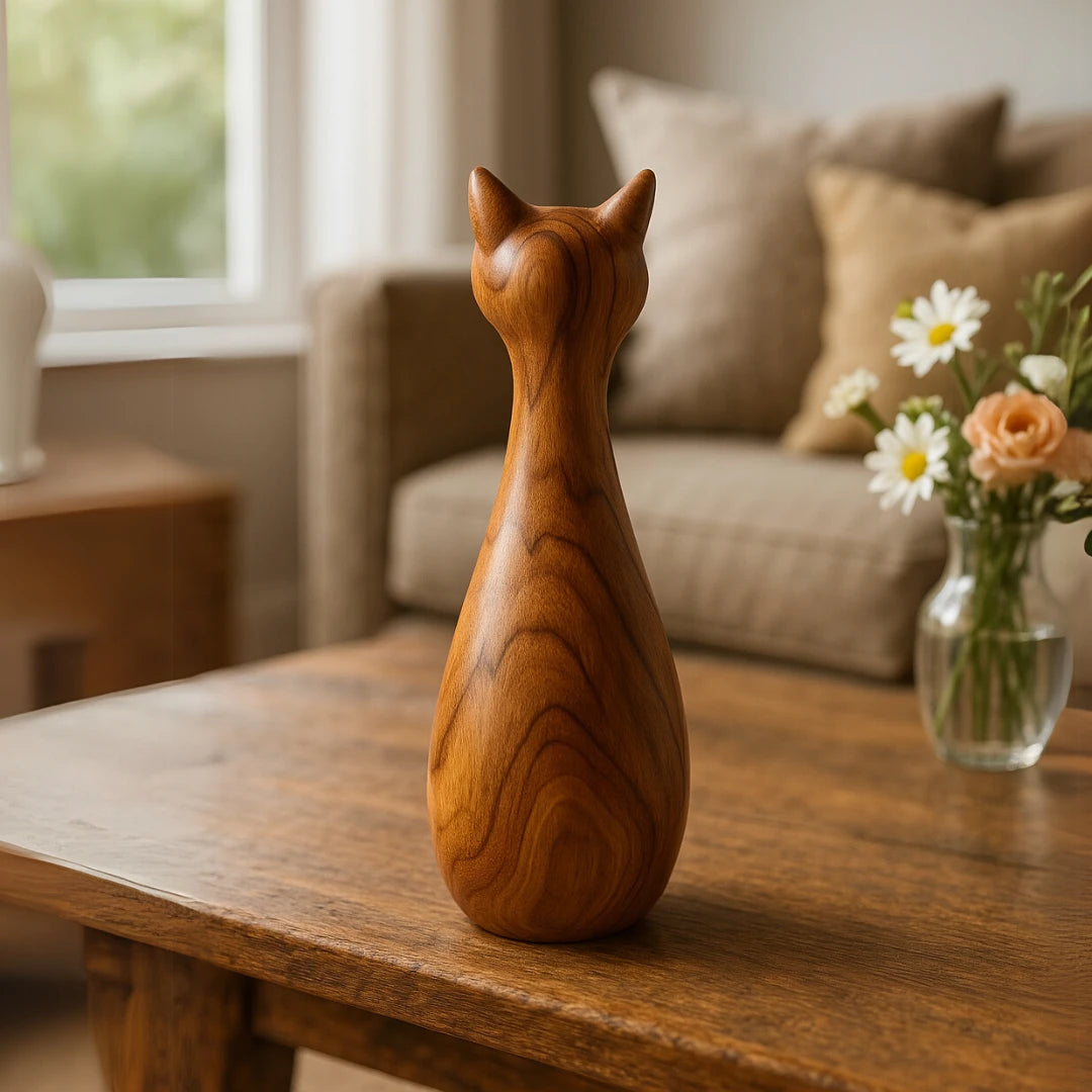 Wooden cat sculpture by Wood Ceylon with smooth finish displayed on a wooden table in cozy living room