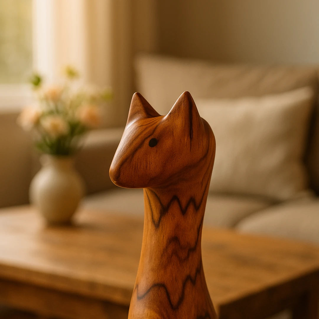 Wood Ceylon handcrafted wooden cat sculpture with smooth finish and natural wood grain details