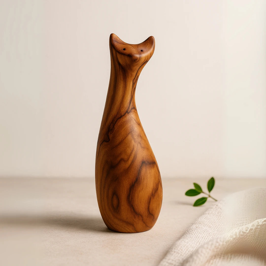 Wood Ceylon handcrafted wooden cat sculpture with smooth polished finish and natural wood grain