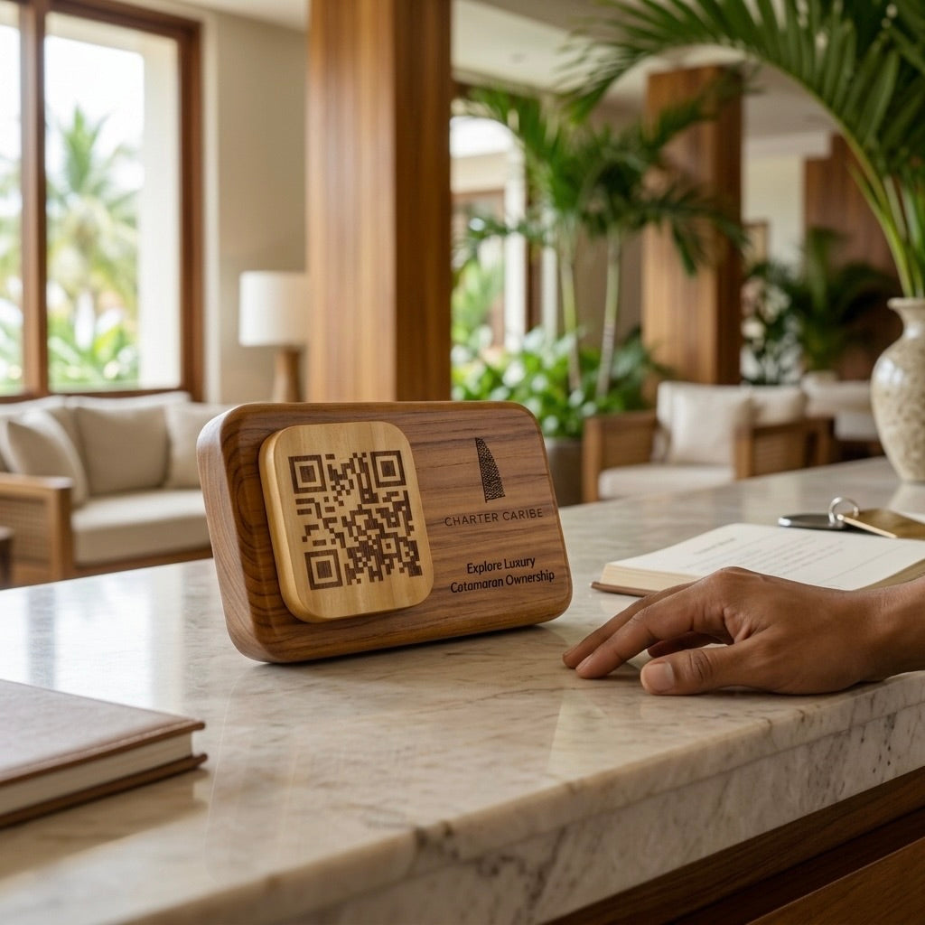 Personalized Wooden QR Code Sign in Teak Finish for Stylish Branding