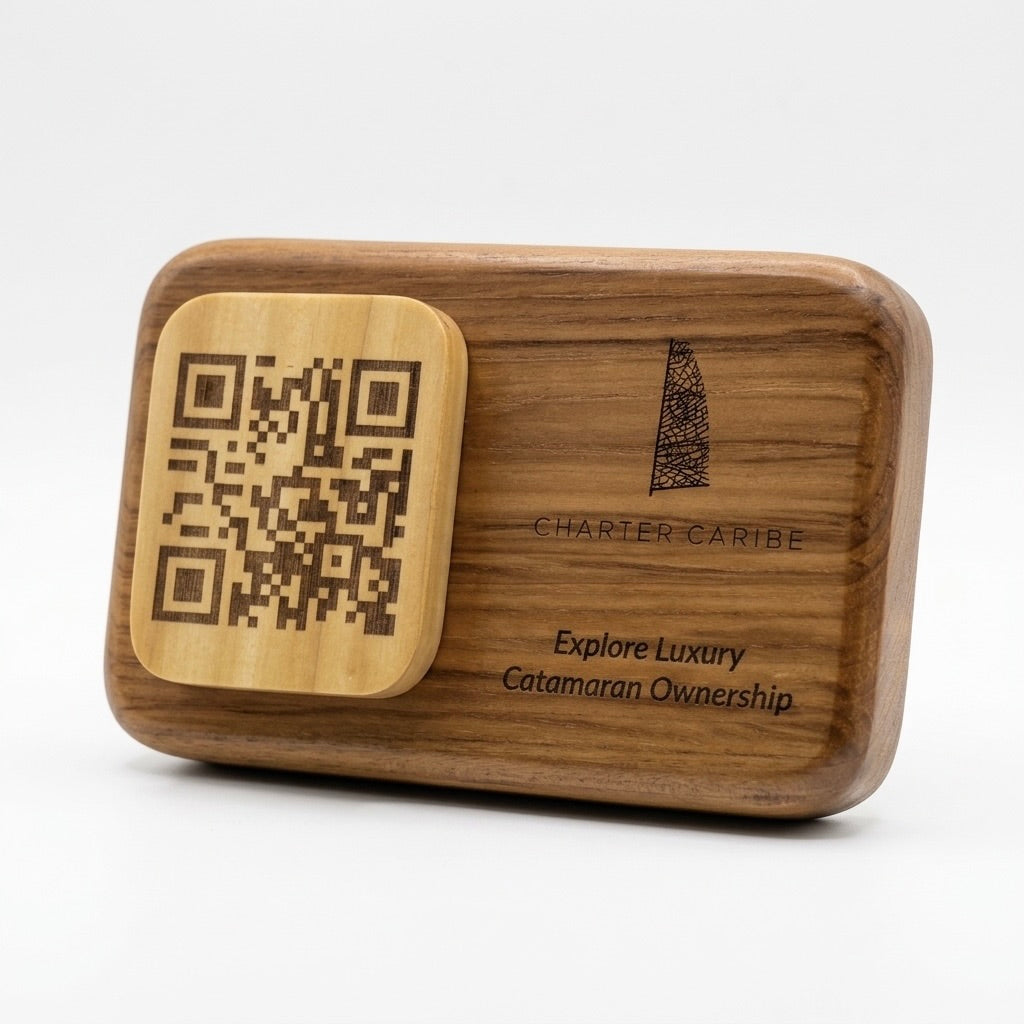 Personalized Wooden QR Code Sign made of teak with a natural finish-