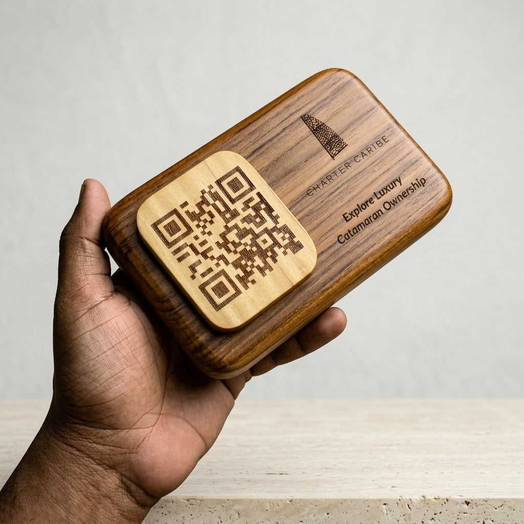 Personalized wooden QR code sign made of teak in rich brown color