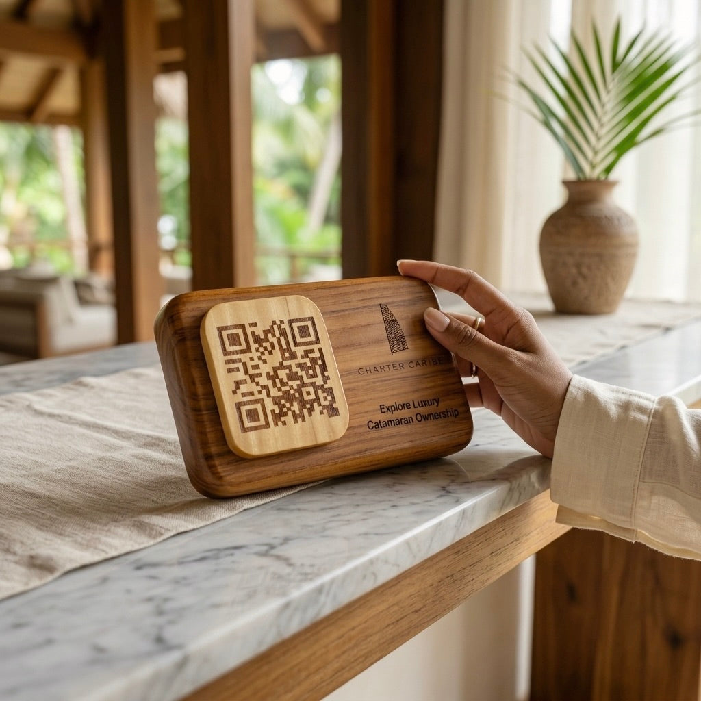 Personalized Wooden QR Code Sign made from teak in a natural finish