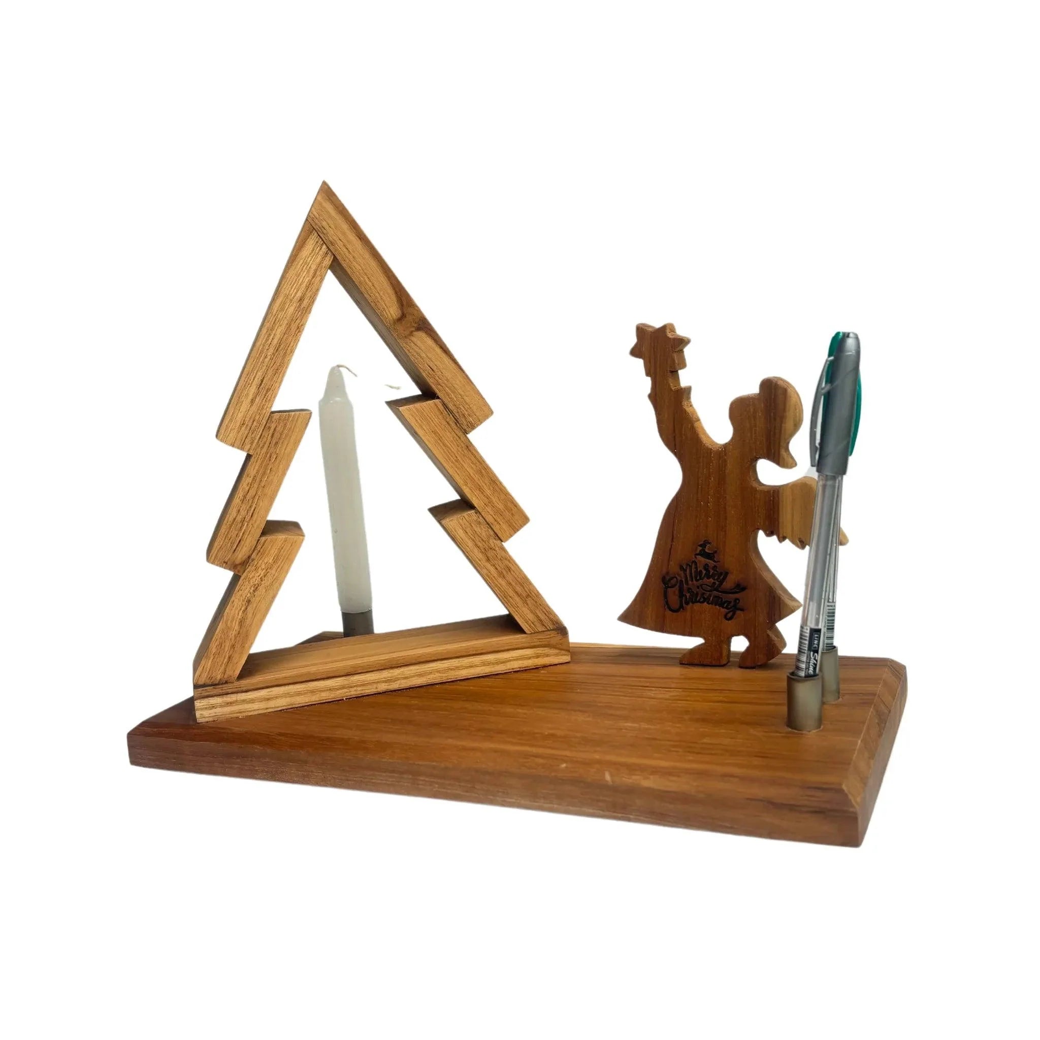 Wood Ceylon wooden Christmas Tree with Angel candle holder and pen stand on rectangular base