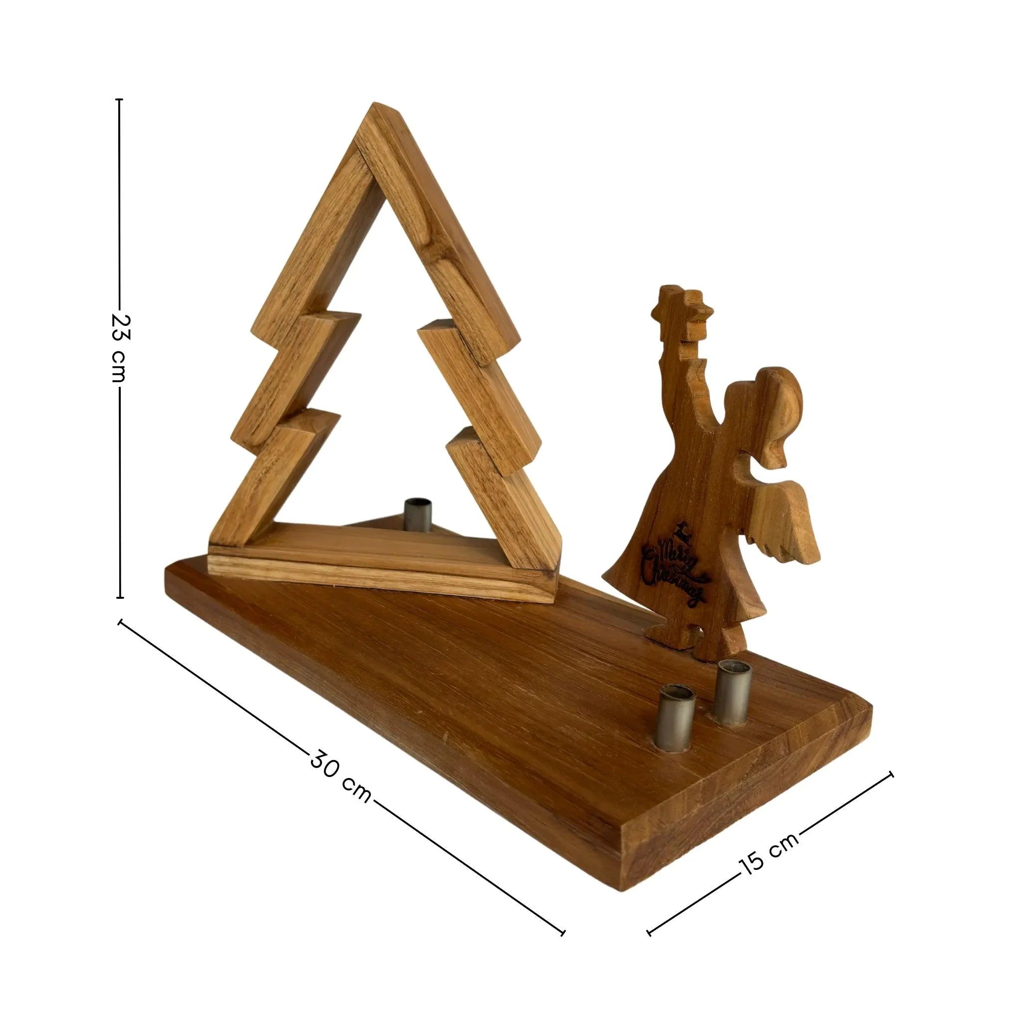 Wood Ceylon wooden Christmas Tree with Angel decorative piece on rectangular base