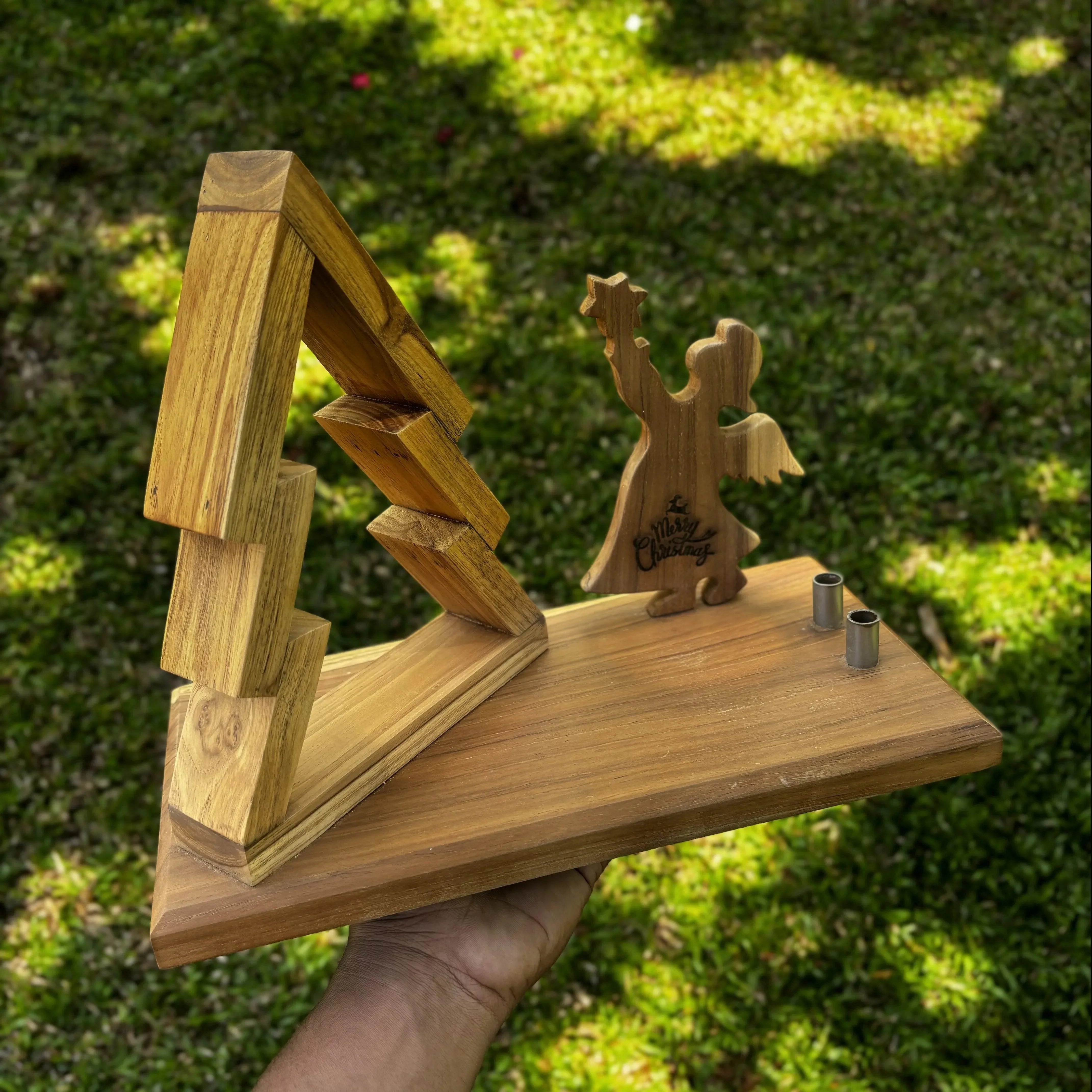 Wood Ceylon wooden Christmas Tree with Angel decorative tabletop piece in natural wood finish