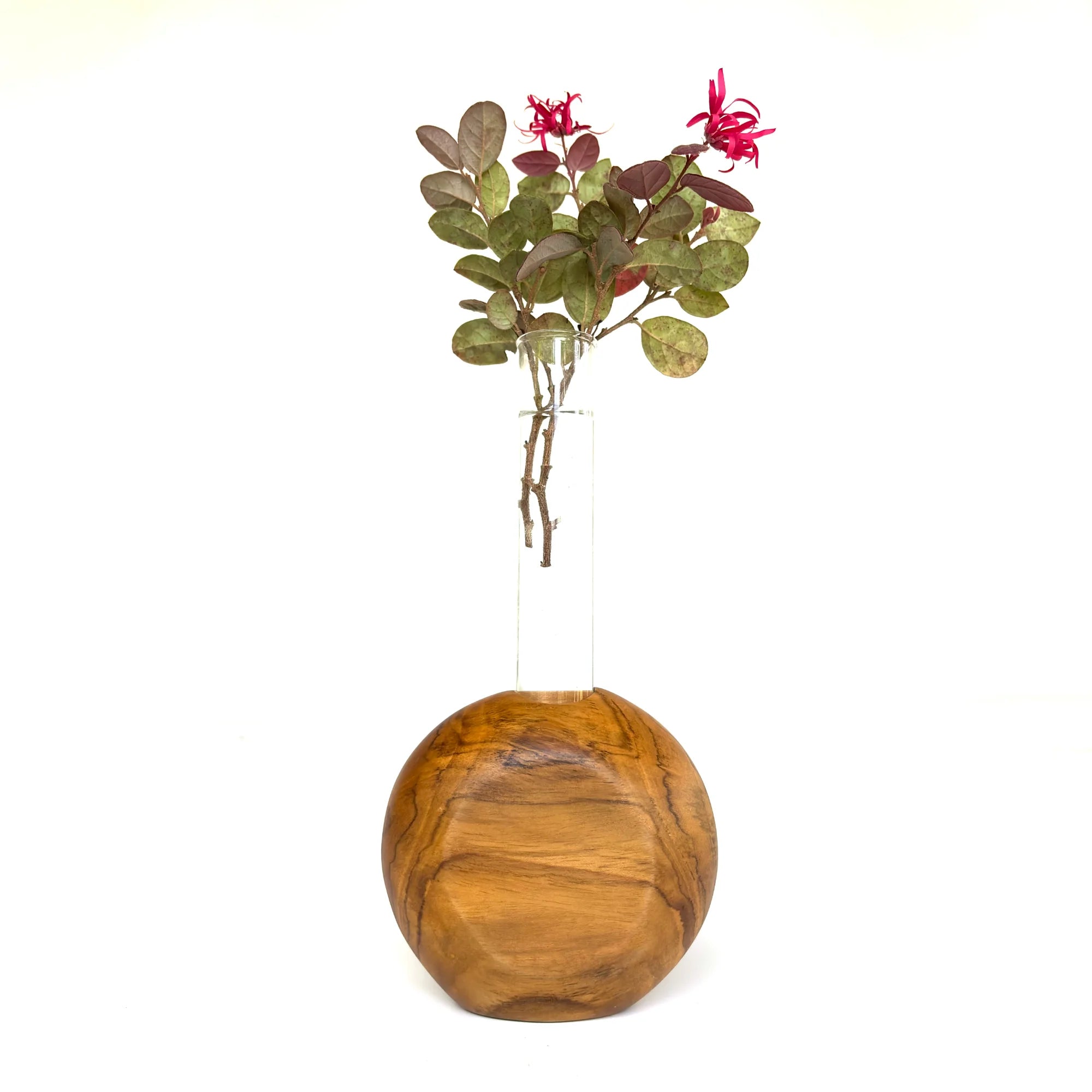 Wood Ceylon circular test tube vase with a wooden base and colorful flowers for modern decor