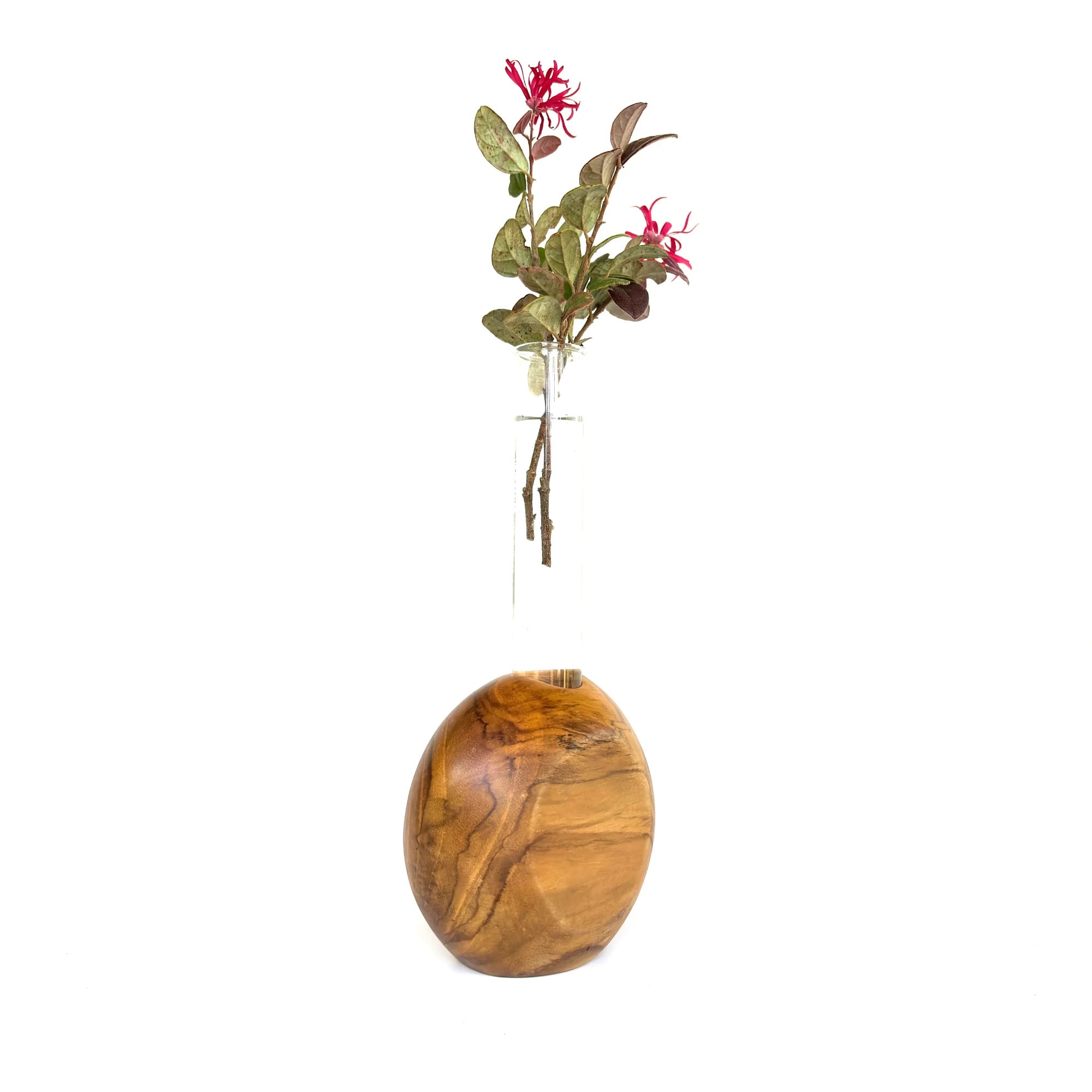 Wood Ceylon Circular test tube vase with a round wooden base and colorful flowers for home decor