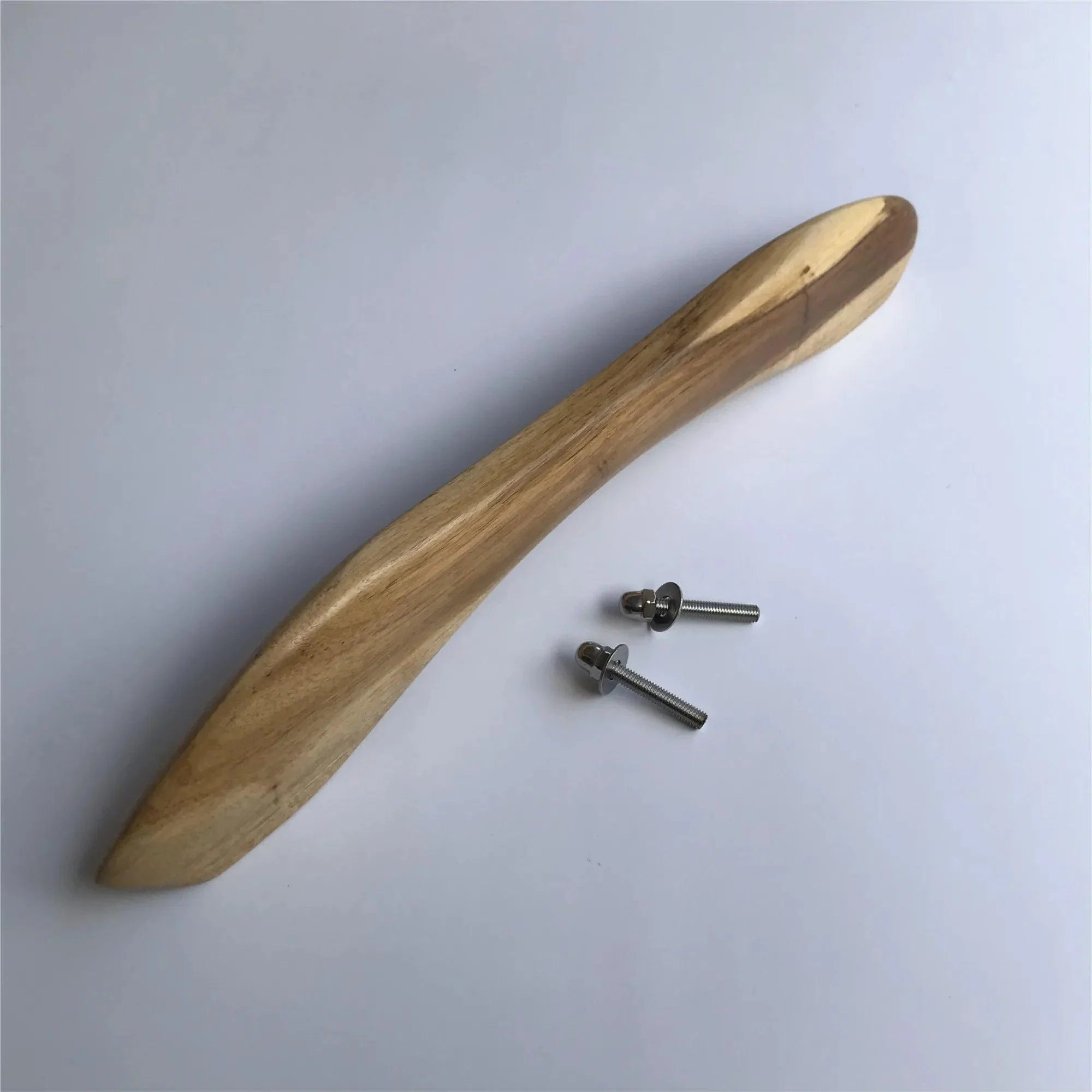 Natural wood closet door handle with a sleek design and metal screws for easy installation