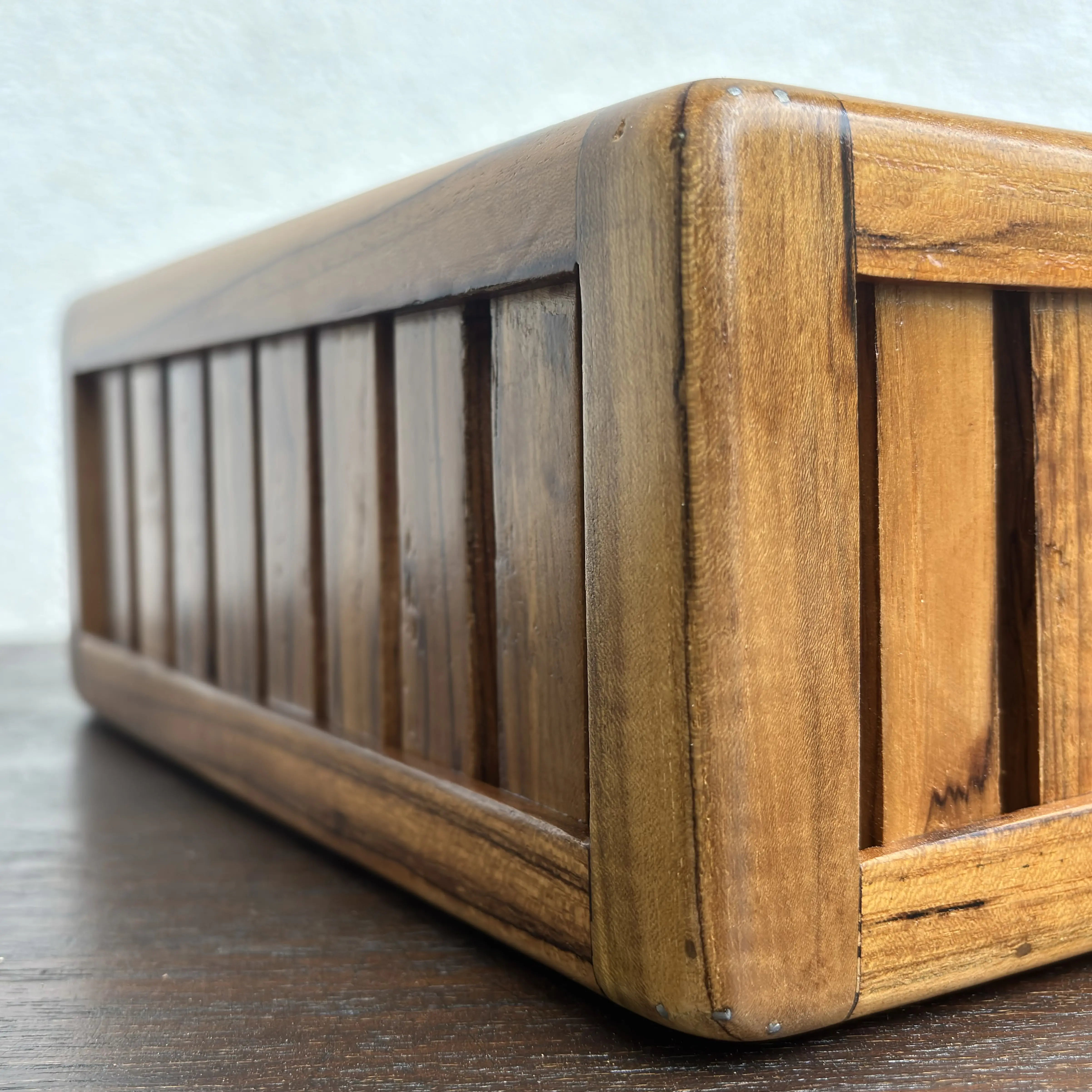 Wood Ceylon wooden towel box storage with smooth finish and slatted design for bathroom organization