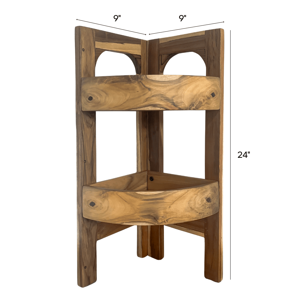 Wood Ceylon Natural Corner Shelf with Two Tiers for Space-Saving Storage in Warm Wood Finish