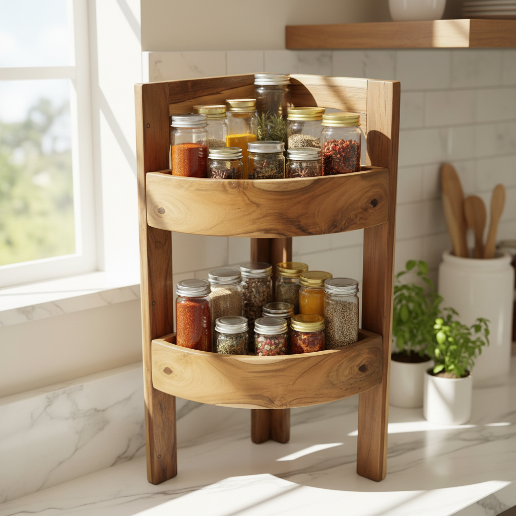 Wood Ceylon corner shelf with jars of spices and condiments, perfect for kitchen organization