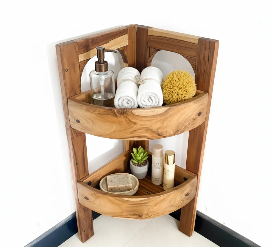 Wood Ceylon corner shelf made of natural wood, featuring two tiers for towels and decor