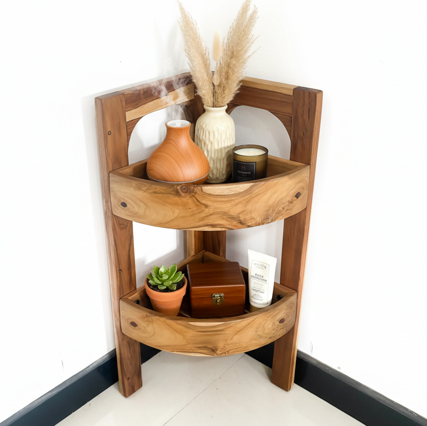 Wood Ceylon corner shelf featuring a unique design with decorative items and plants