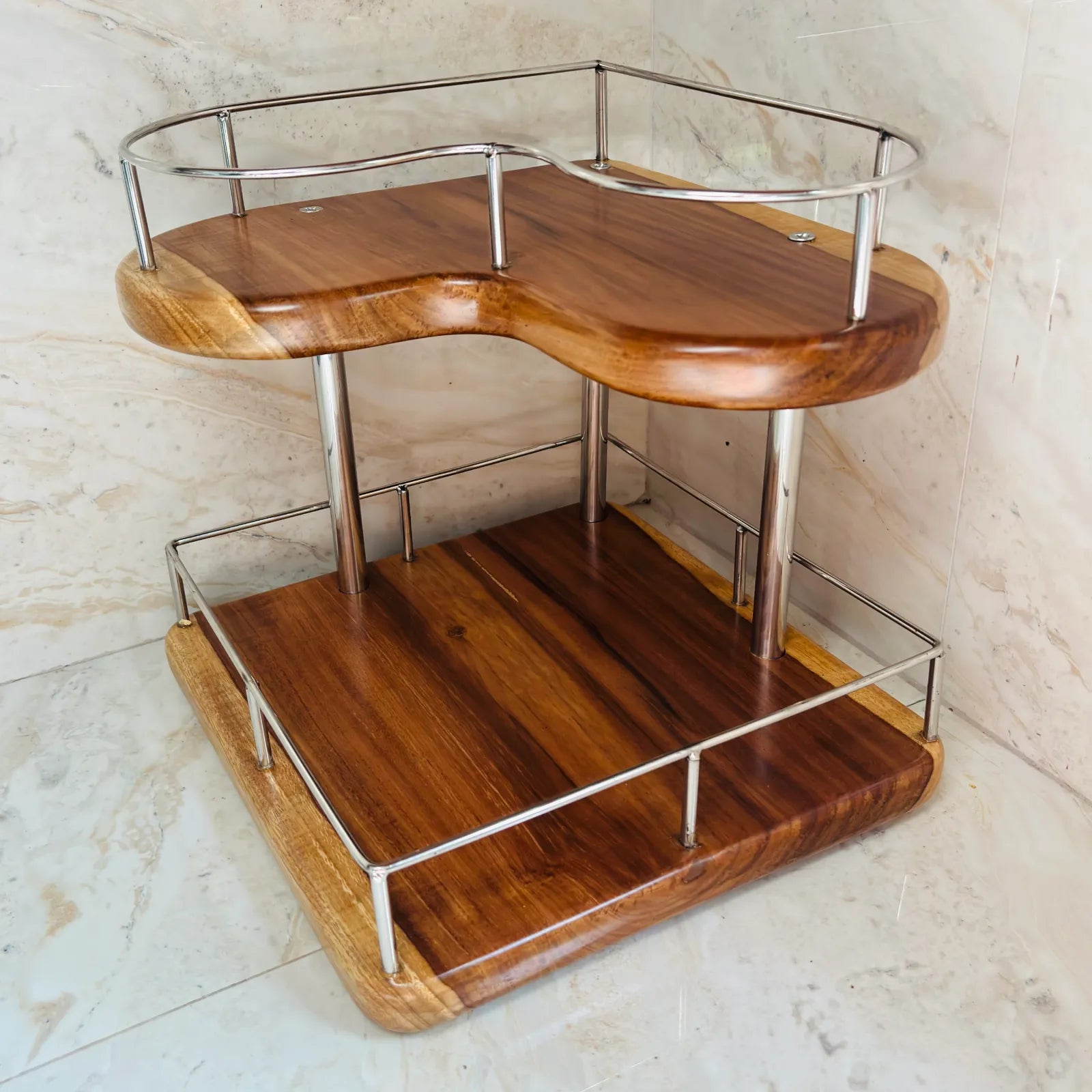 Wood Ceylon corner spice rack with two wooden shelves and metal railings for kitchen organization