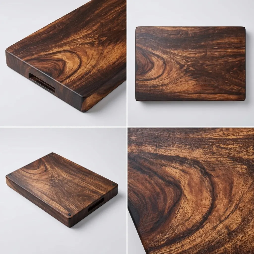 Teak wood cutting board with a rich brown finish, ideal for food preparation