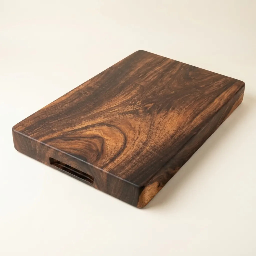 Teak cutting board with a rich brown finish, perfect for kitchen use