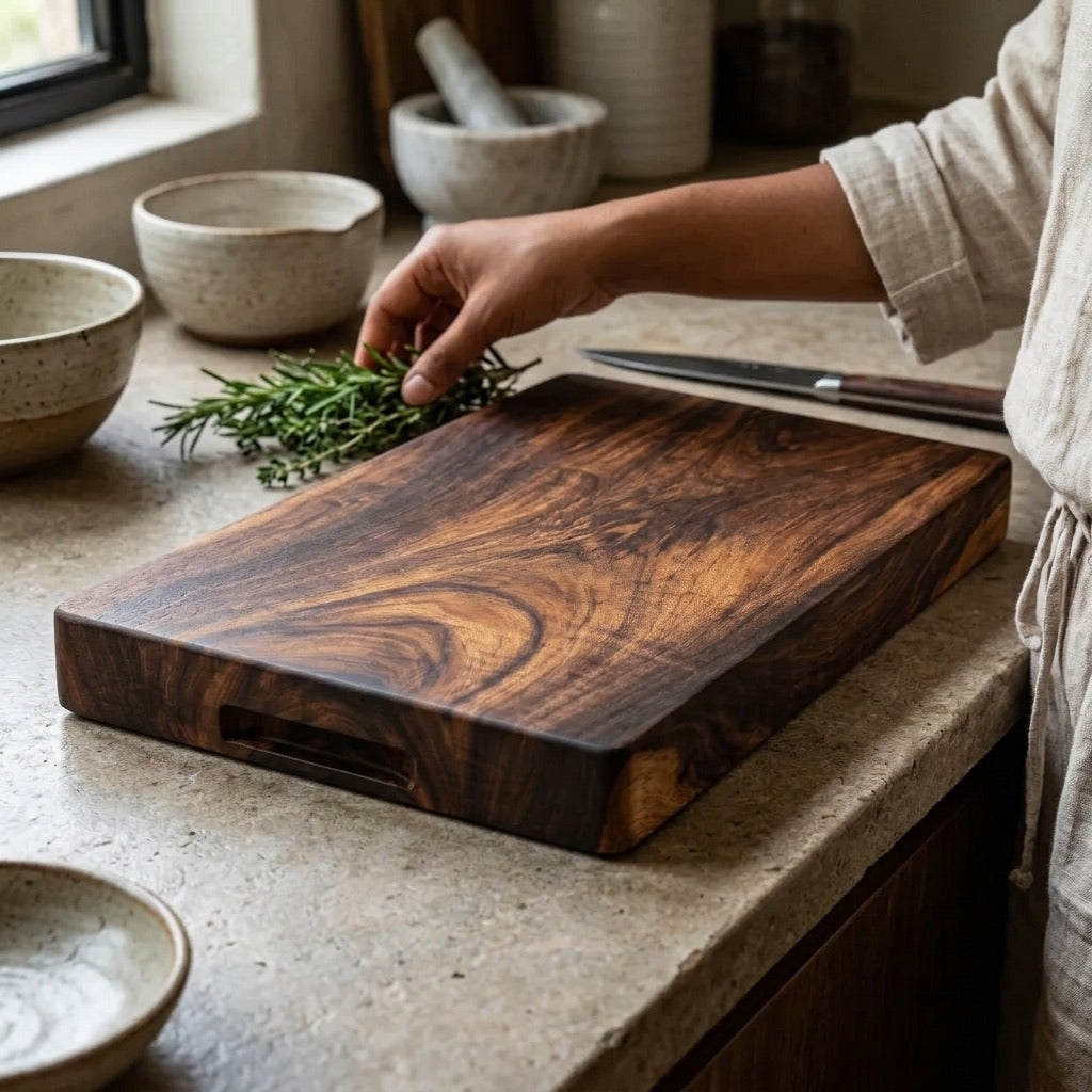 Solid wood cutting board with rich brown finish for food preparation