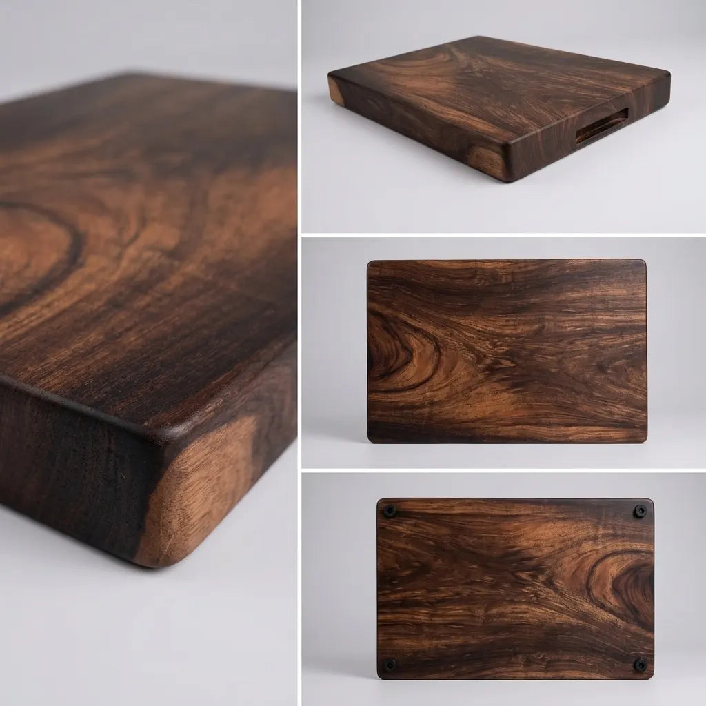 Teak wood cutting board with a rich, dark finish for kitchen use