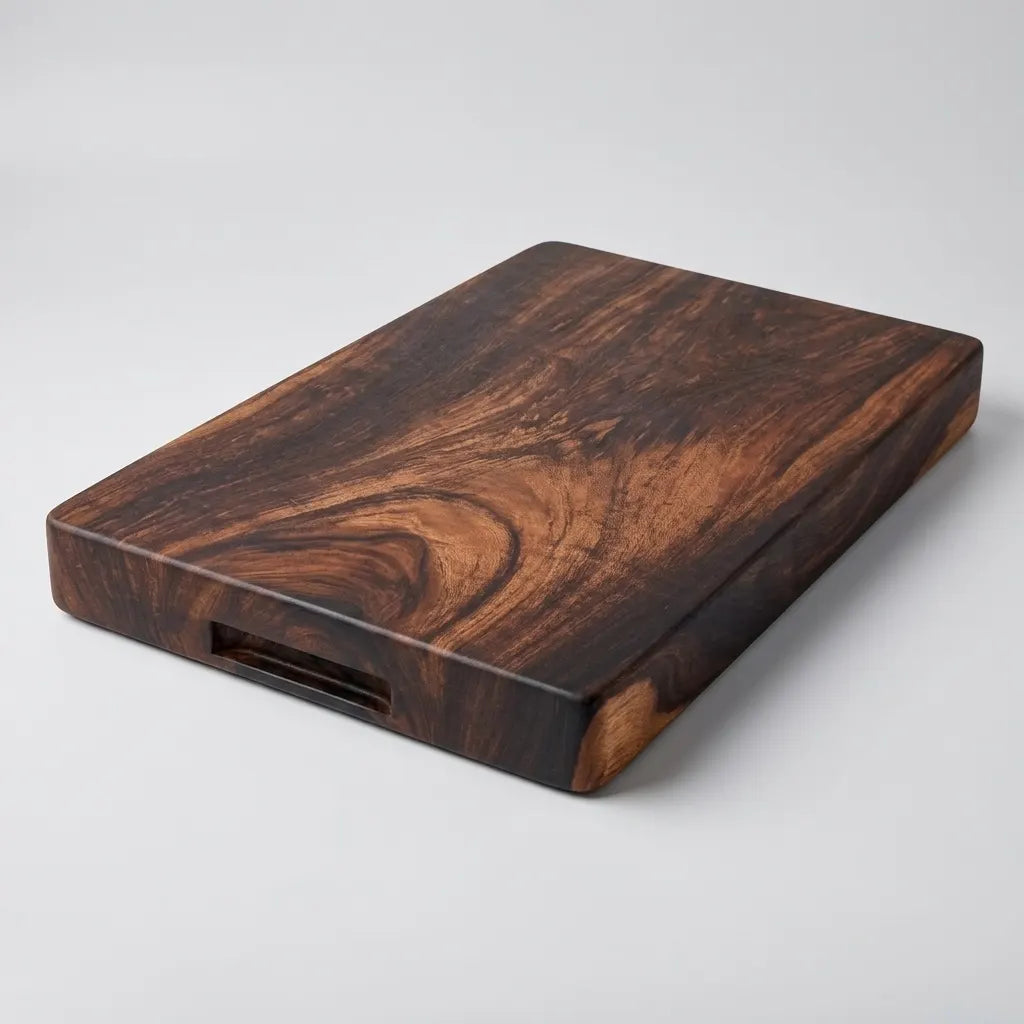Teak cutting board with a rich brown finish, perfect for food preparation