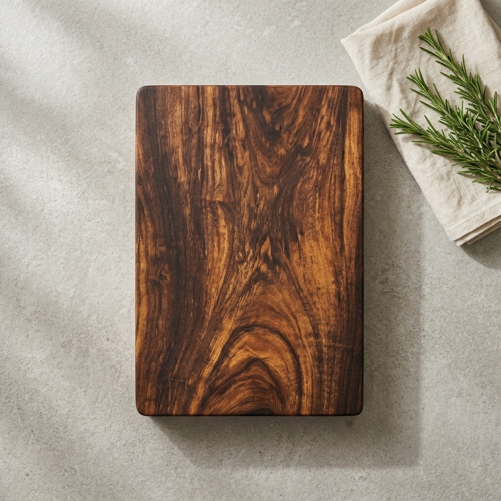 Teak cutting board with a rich, dark finish for kitchen prep