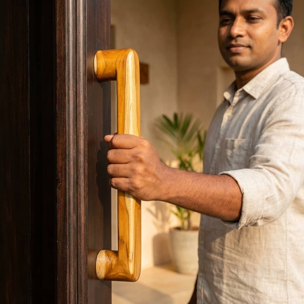 Teak door handles in natural finish for elegant home entry
