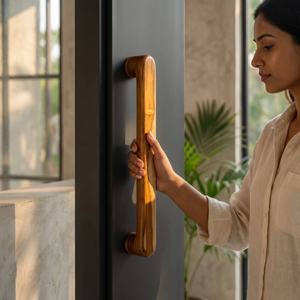 Teak wood door handles with a natural finish for stylish entryways