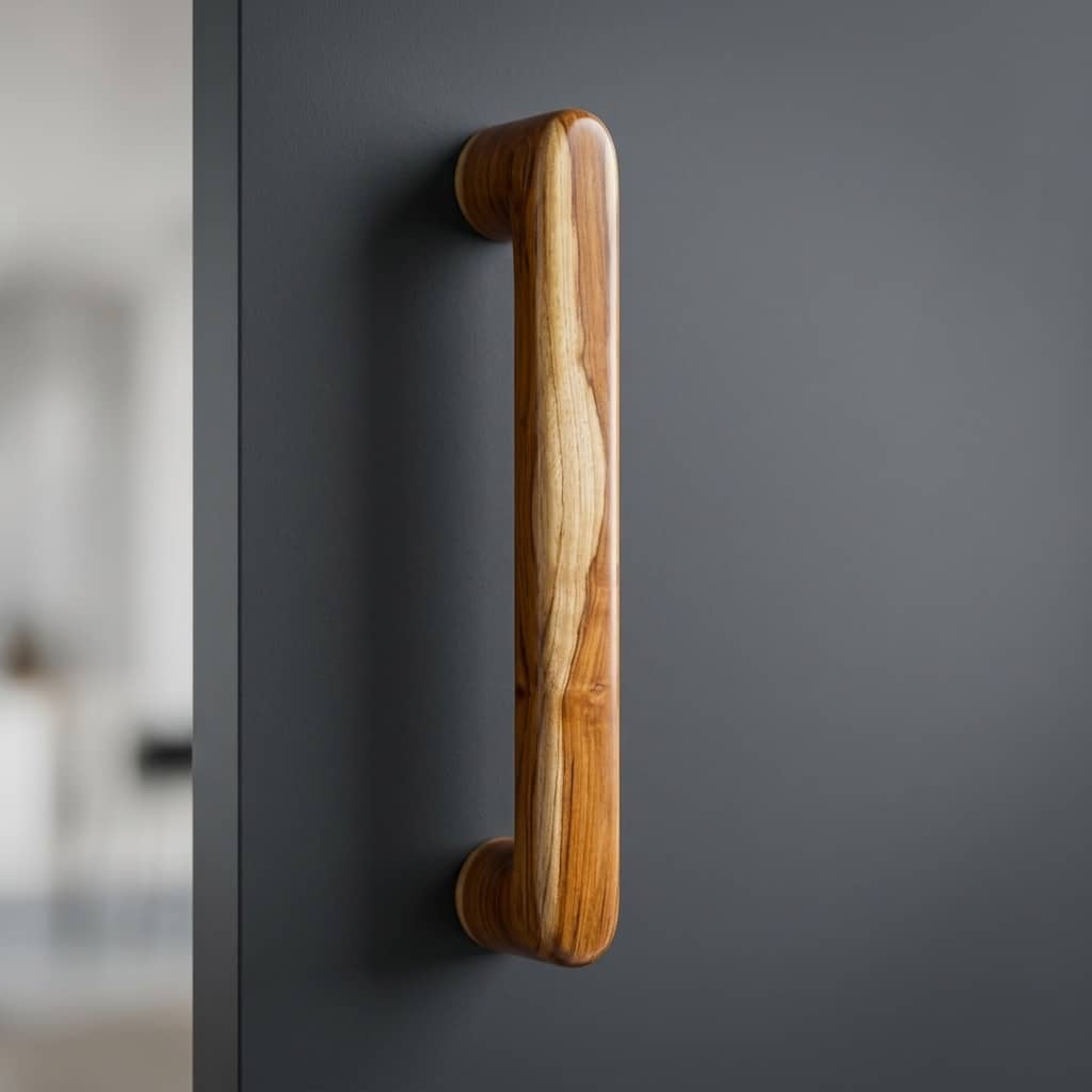 Teak wood door handles in natural finish for stylish decor