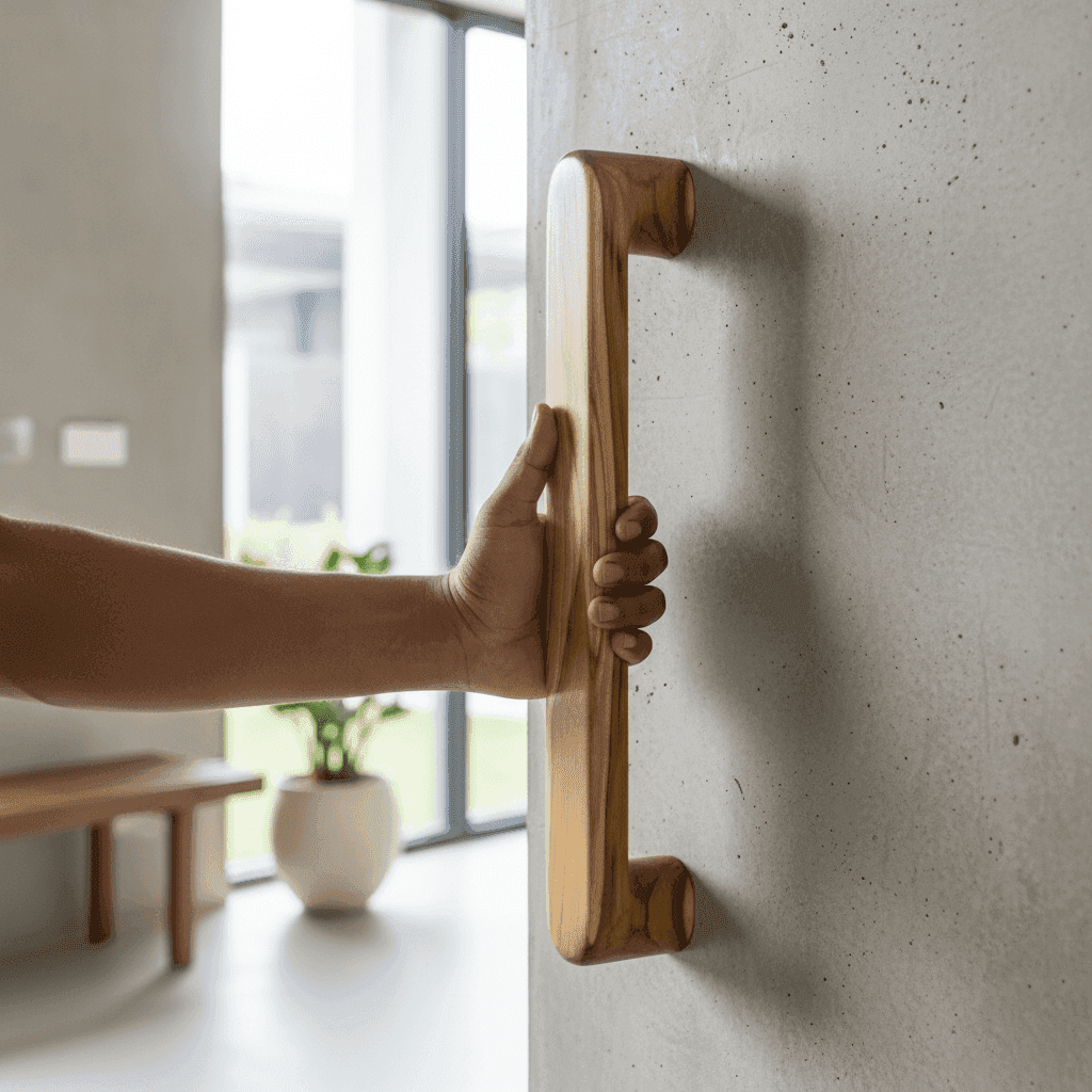 Teak Double Door Pull Handle in natural wood finish for easy access