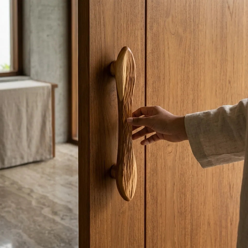 Teak wood drawer pull handle in natural finish for cabinets