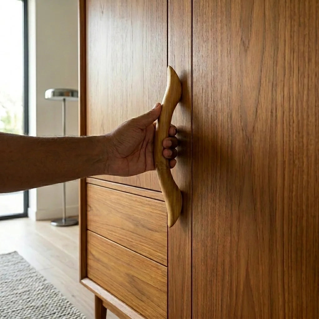 Teak wood drawer pull in natural finish for elegant cabinets