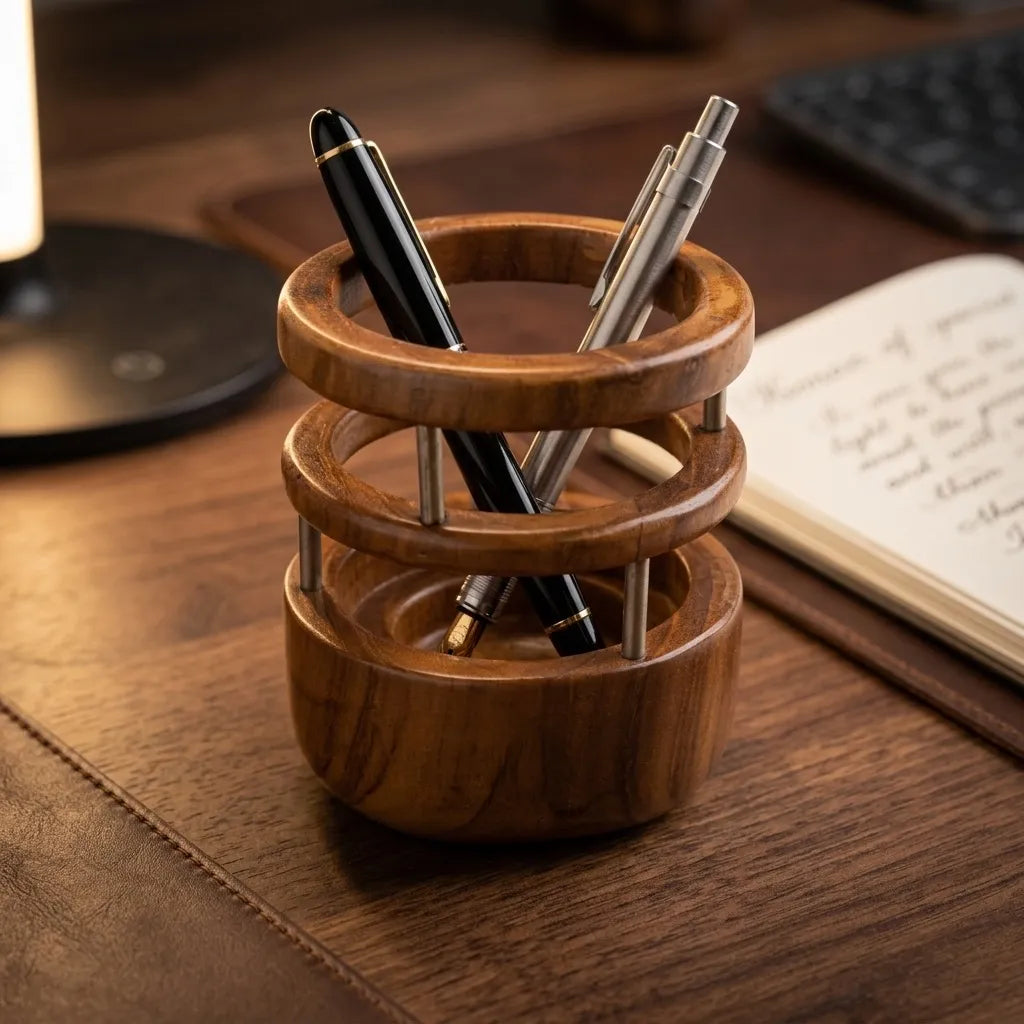 Teak wood pen holder in natural finish with stylish circular design