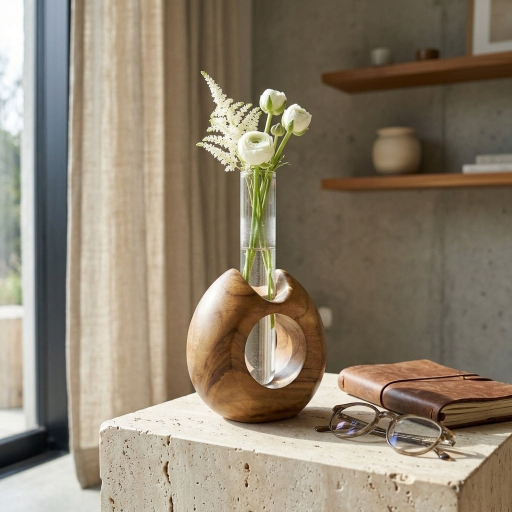 Teak round test tube vase as a modern flower holder for stylish decor