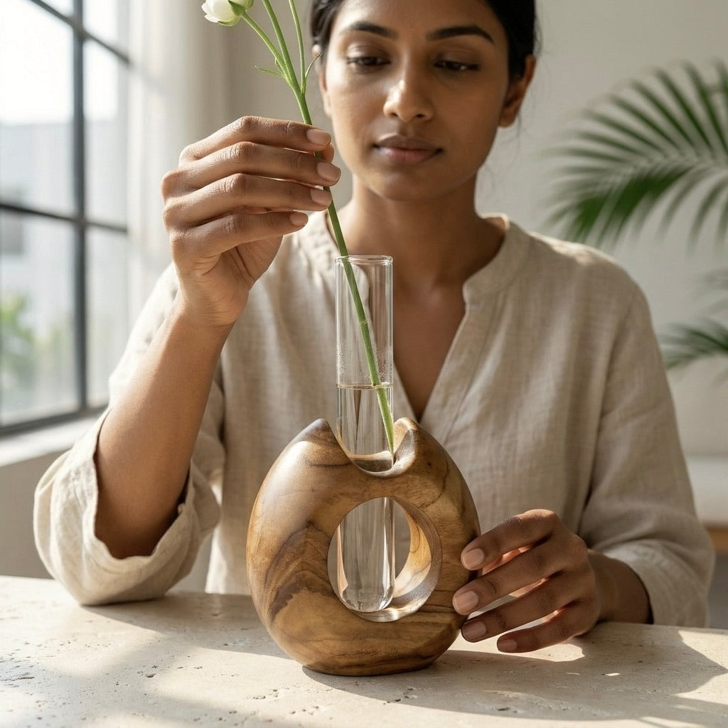 Teak test tube vase flower holder with a modern design for stylish decor