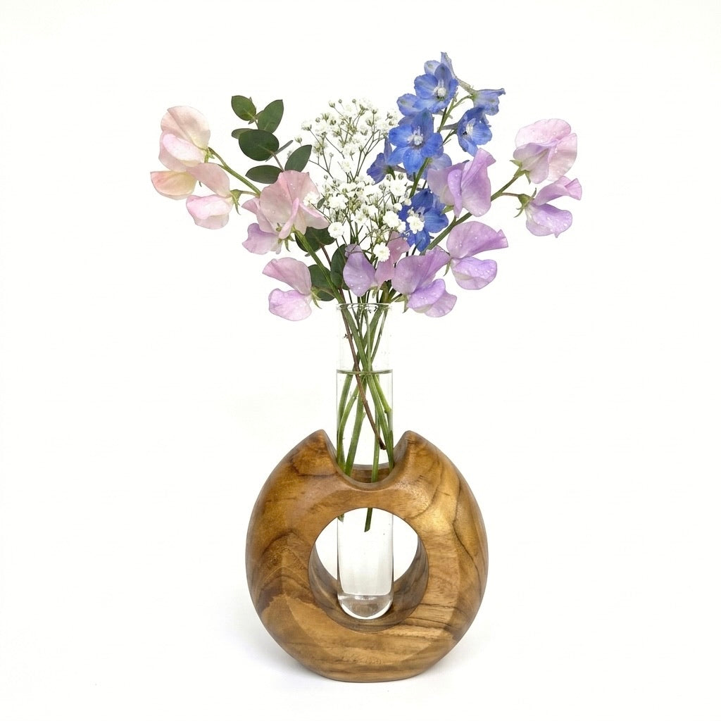 Teak wood test tube vase floral flower holder with colorful blooms