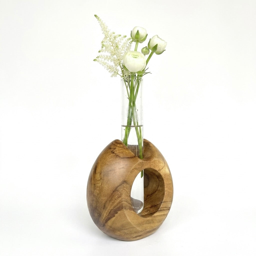 Teak wood test tube vase featuring a round design, ideal as a flower holder