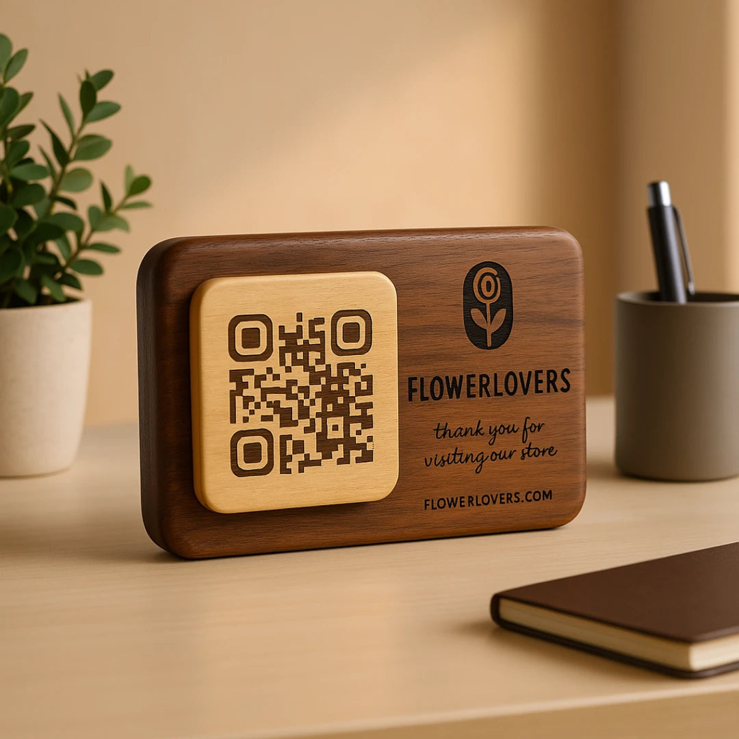 Wood Ceylon personalized qr code sign in wood with Flowerlovers logo and thank you message on desk