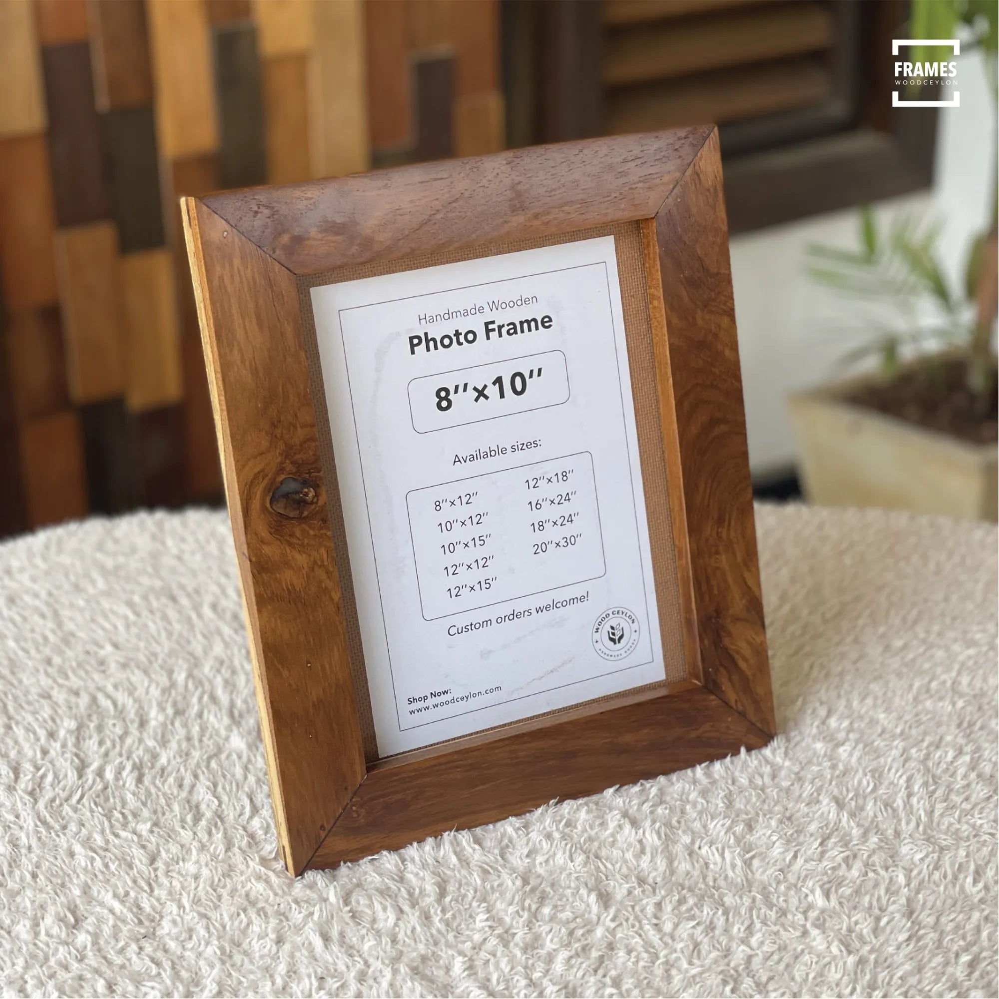 Wooden picture frame made by Wood Ceylon in 8x10 size with natural wood texture on fabric surface