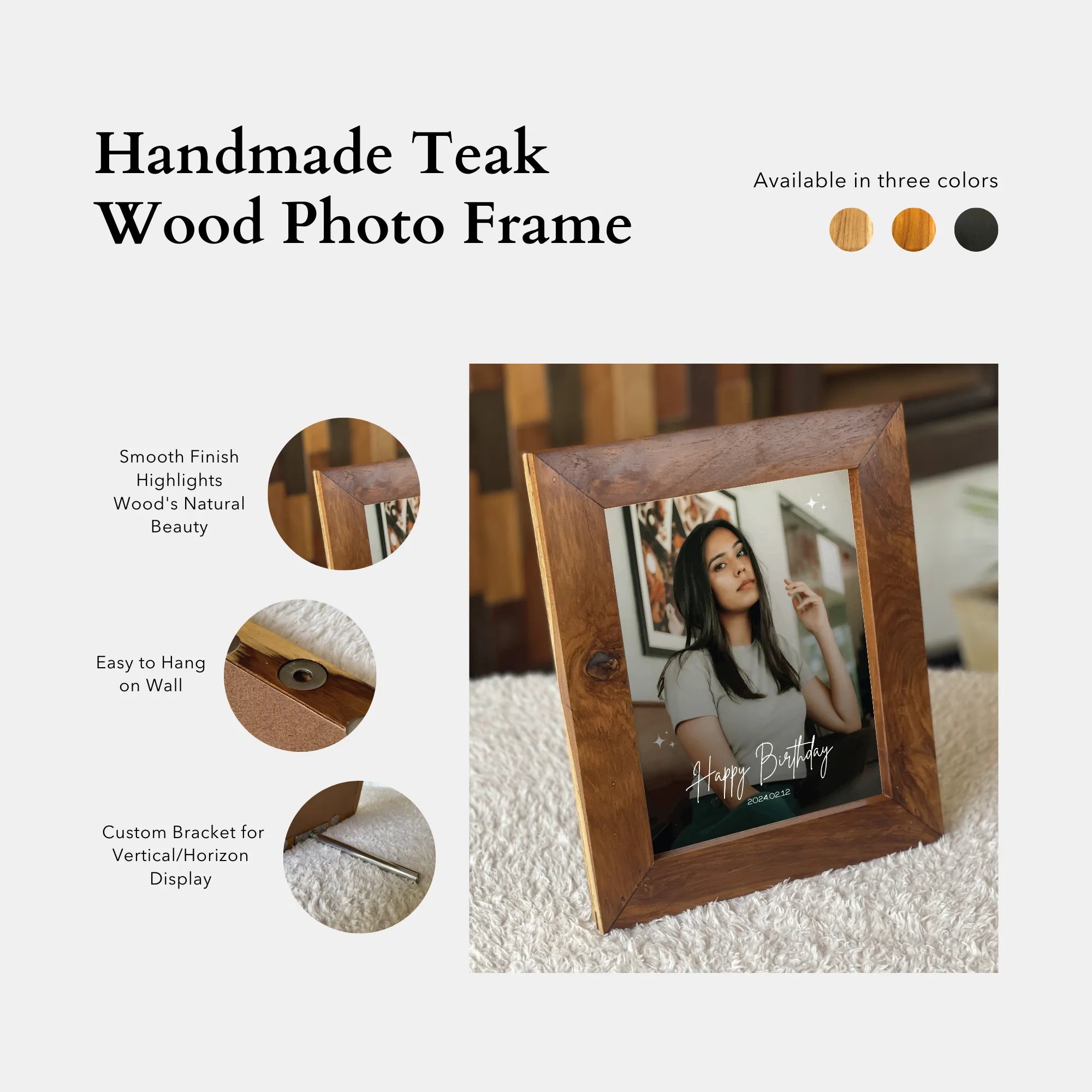 Wooden picture frame handmade from teak wood with smooth finish and custom bracket for display