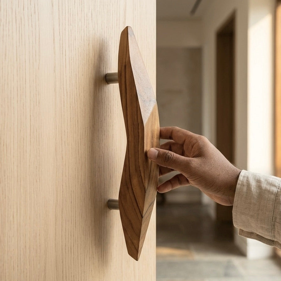 Teak French Door Pull Handle in natural finish for stylish entryways