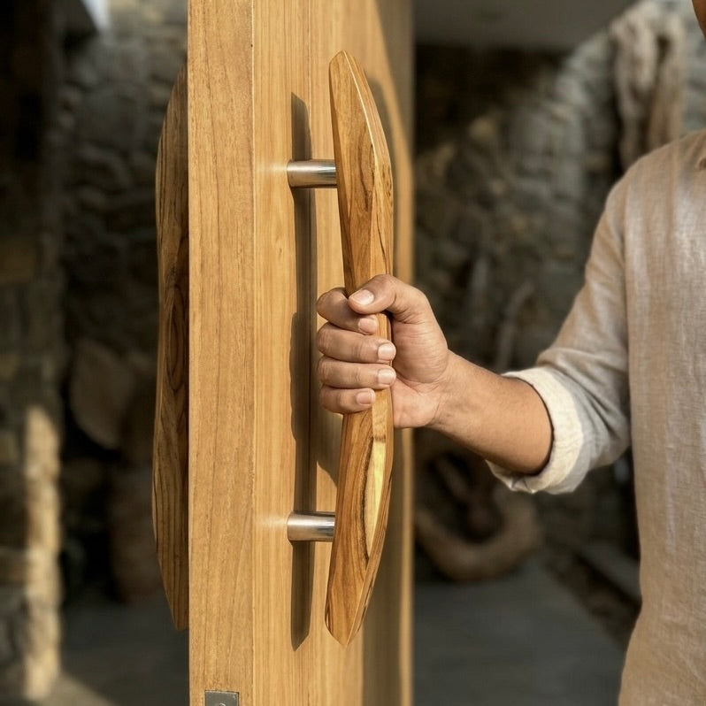 Teak wood Front Door Pull Handle with stainless steel accents