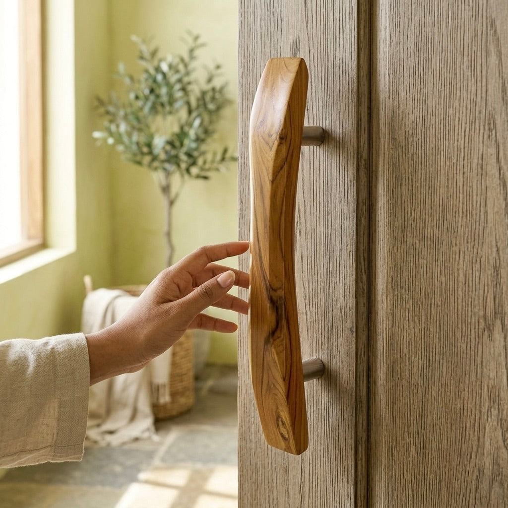 Teak Front Door Pull Handle with a smooth, curved design