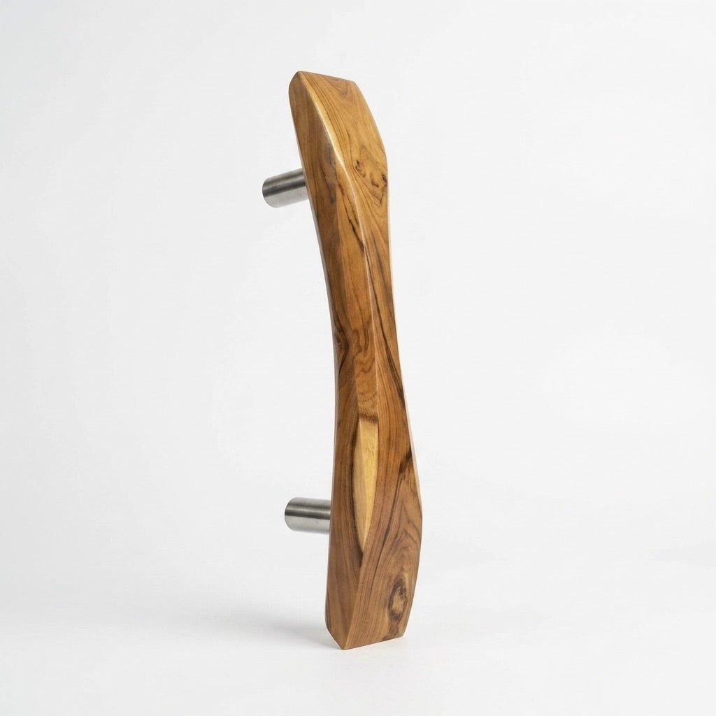Teak Front Door Pull Handle with brushed metal accents
